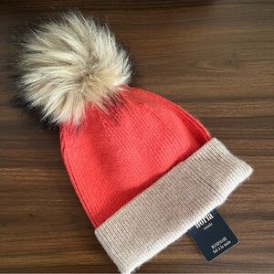 Cozy Coral & Tan Women’s Pom-Pom Beanie, Alpaca, Wool blend NWT Handmade